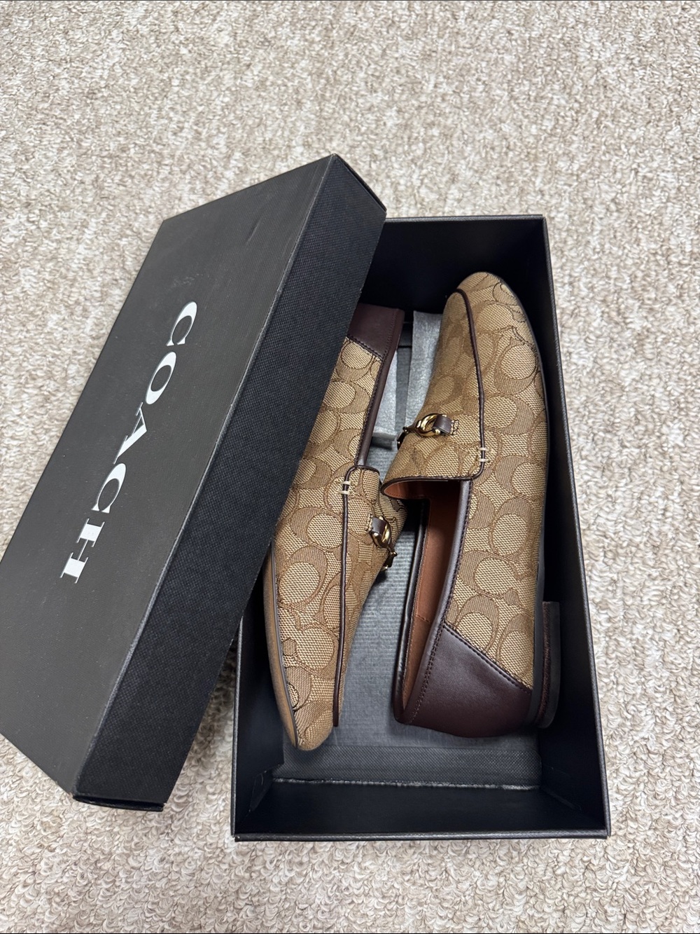 Coach Women’s  Brown Signature Canvas Loafers with Dark Brown Leather Trim